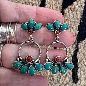❤️ Kingman Turquoise Italian Coral Navajo Statement Cluster Hoop Earrings 16 Gm